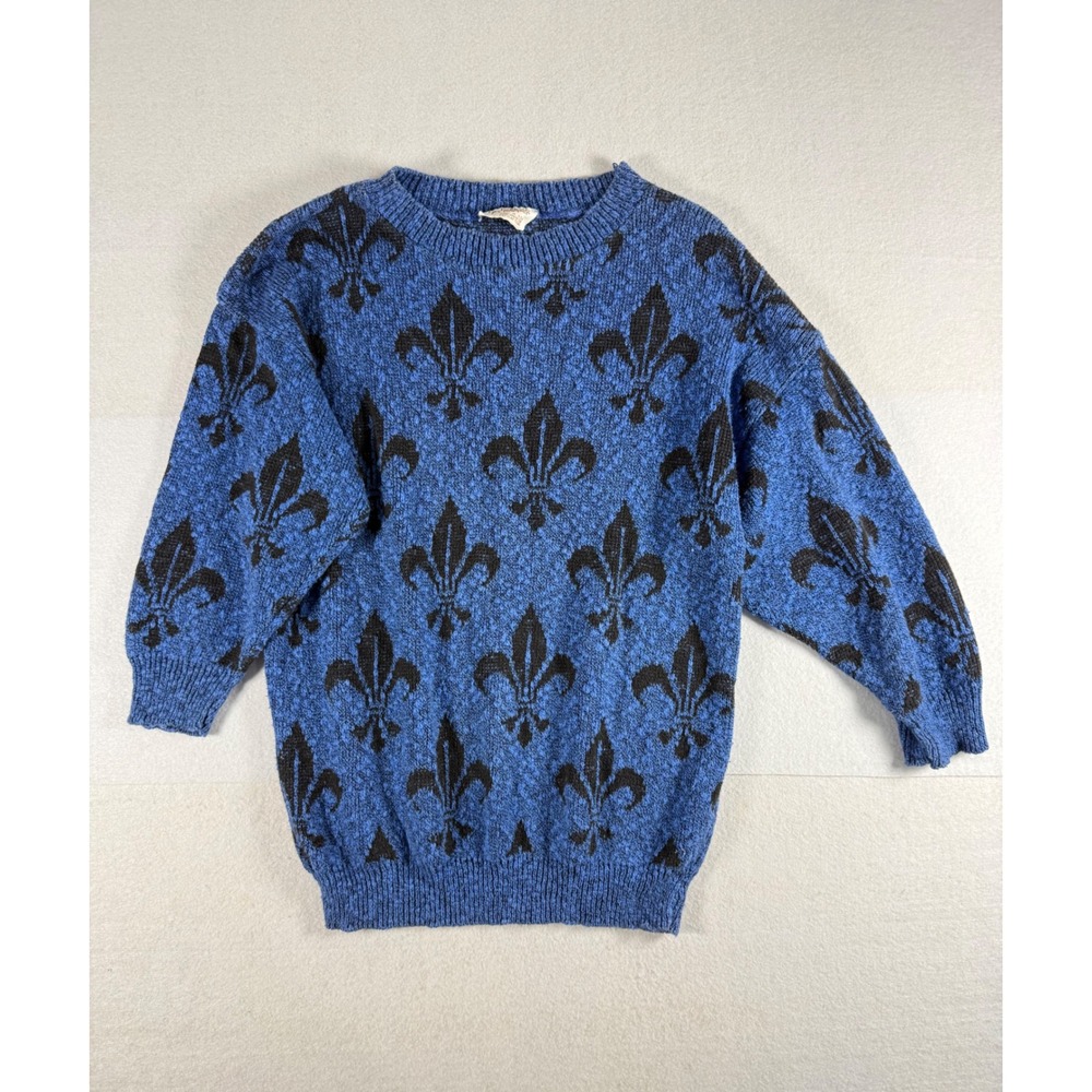 Vintage Beldoch Popper Blue Fleur De Lis Knit Sweater Made in USA Crew Neck